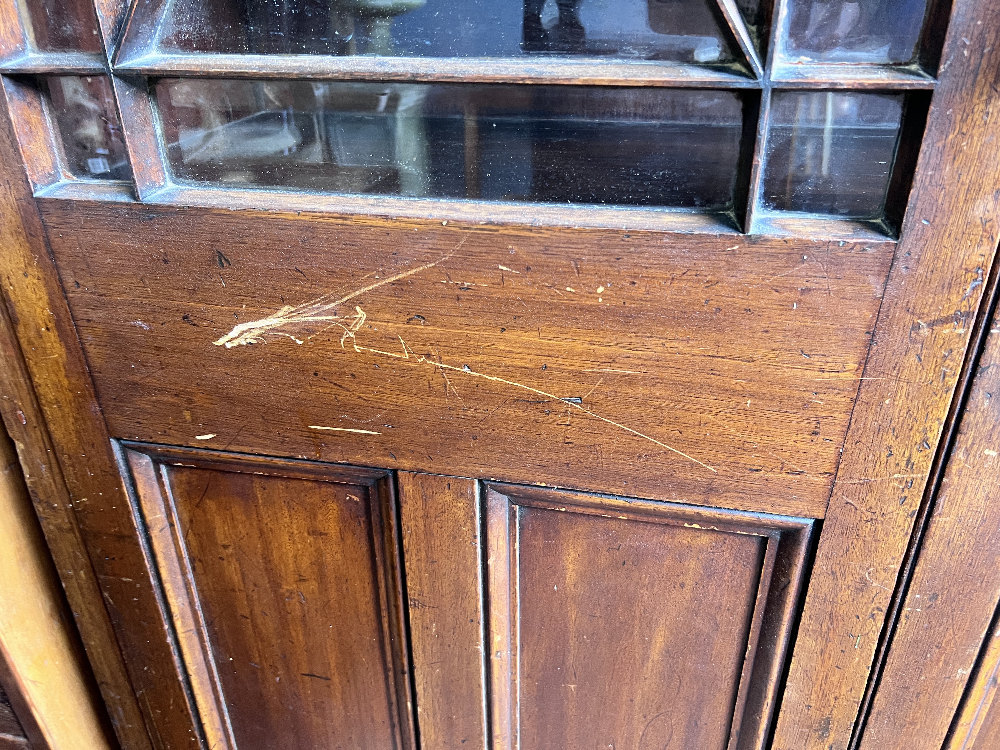 A Victorian glazed mahogany bookcase, length 120cm, depth 39cm, height 228cm